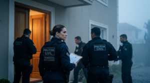 Operação policial em residência durante busca e apreensão ao amanhecer