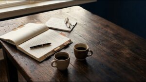 Mesa com processo criminal aberto, anotações e duas xícaras de café, representando a preparação da defesa para a audiência criminal.