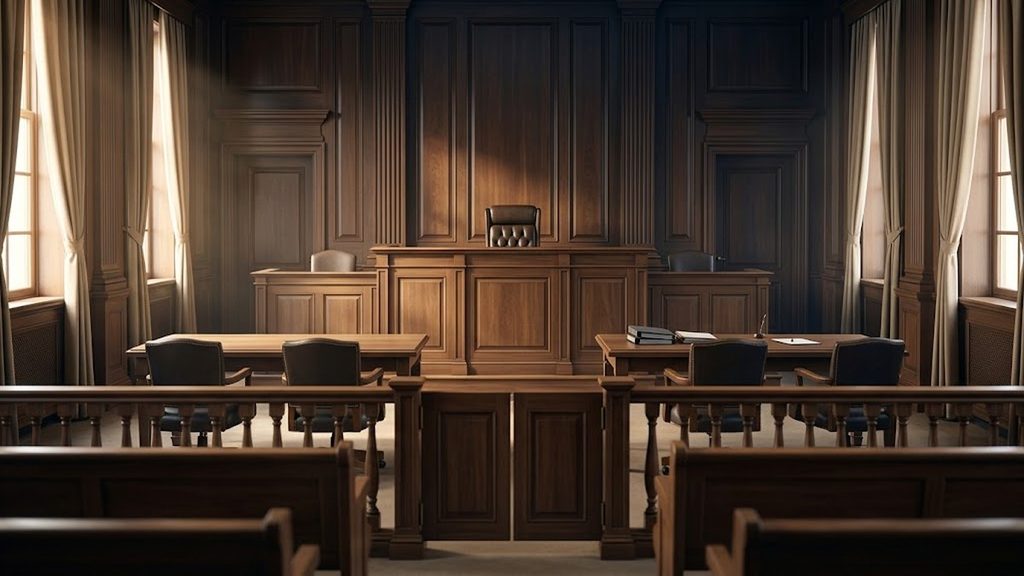 Sala de tribunal vazia, com a bancada do juiz e as mesas da acusação e da defesa, onde acontece a audiência criminal.